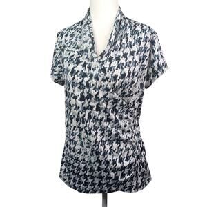 Melissa Paige Women's Cap Sleeve Wrap Blouse M Houndstooth Black Stretch Career